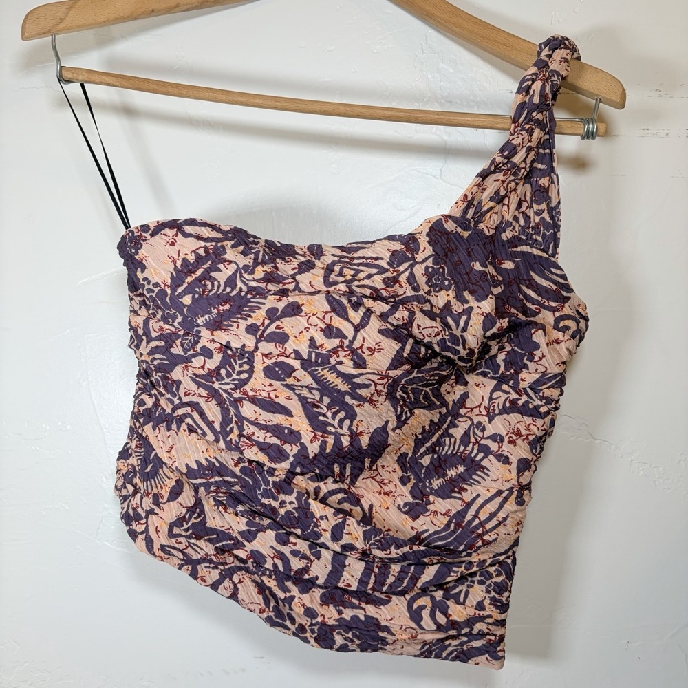 Zara Women's One-Shoulder Asymmetrical Purple Floral Ruffle Crop Top XSmall‎ Zip